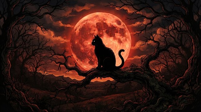 A solitary black cat sitting upon a twisted gnarled tree branch silhouetted against a giant blood moon