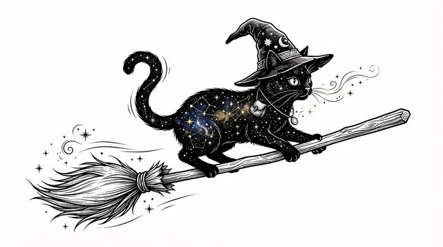 A magical black cat with a starry galaxy pattern on its fur wears a witch hat and flies on a broomstick
