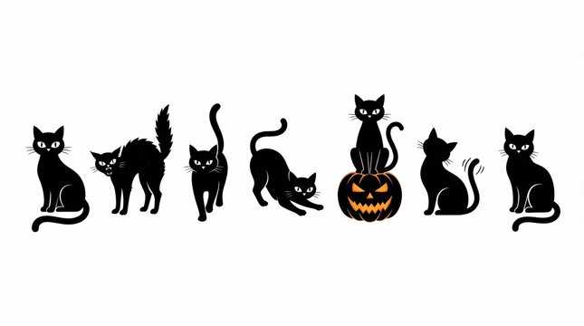 A collection of seven playful black cats displayed in various poses alongside a carved spooky pumpkin