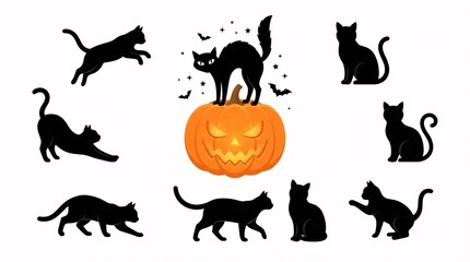 Obraz premium A collection of black cat silhouettes and a spooky glowing orange Jack O Lantern for Halloween
