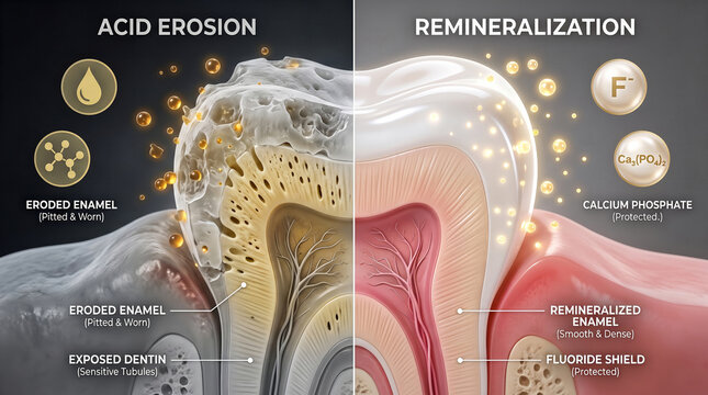 Tooth enamel erosion and remineralization process explained visually