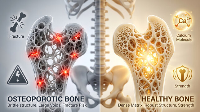 Osteoporotic bone versus healthy bone comparison showing density and fracture risk