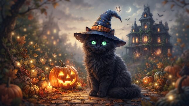 A fluffy black cat wears a magical witch hat next to a glowing jack-o'-lantern by a haunted house