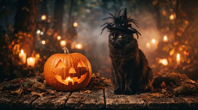 A fluffy black cat adorned with a festive witch hat sits beside a glowing jack o lantern on wood