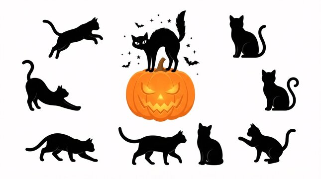 A collection of black cat silhouettes and a spooky glowing orange Jack O Lantern for Halloween