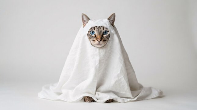 A beautiful cat with bright blue eyes is wearing a simple white ghost costume for Halloween