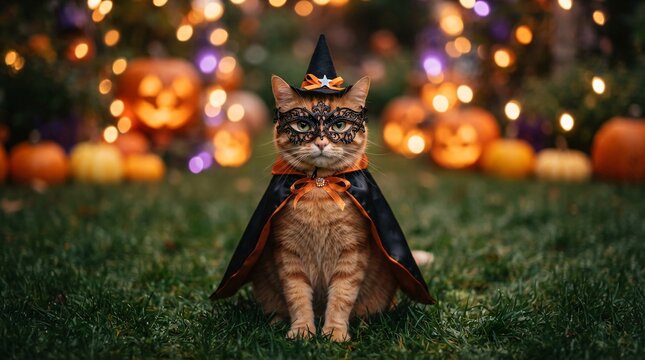 An elegant orange tabby cat wearing a witch costume and a masquerade mask in a pumpkin patch