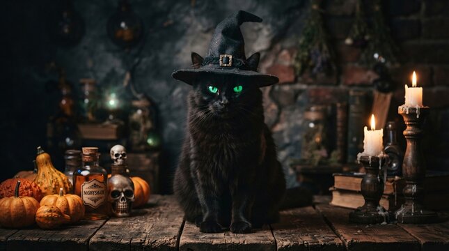 A mystical black cat wearing a wizard hat sits on a rustic wooden table amid potion bottles and candles