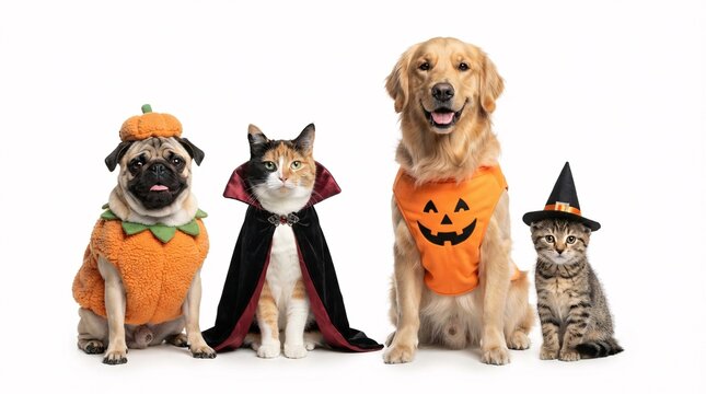 A festive group portrait featuring a pug and a golden retriever wearing Halloween costumes alongside two