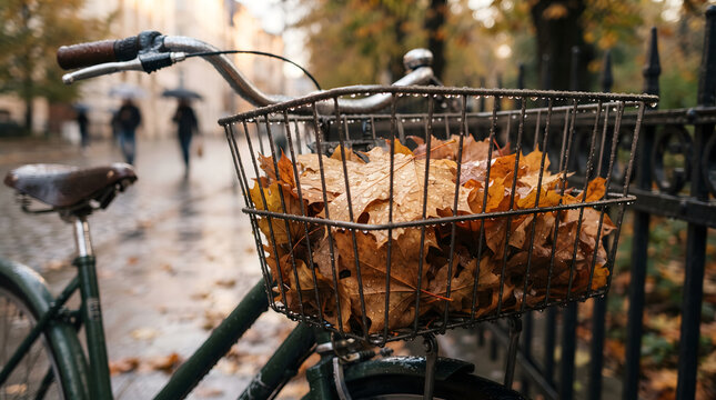 A vintage bicycle with a basket full of vibrant autumn leaves, parked on a wet urban street, capturing the serene and colorful essence of a peaceful fall day