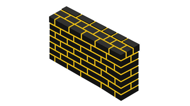 Isometric black brick wall illustration on transparent background