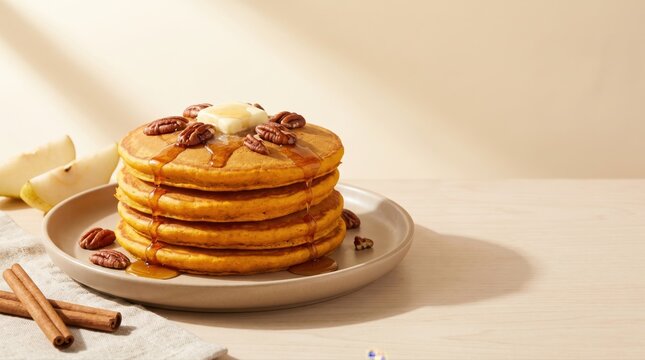 A delicious stack of golden pancakes features melted butter, sweet maple syrup, and crunchy pecans. This dish is perfect for a comforting morning breakfast or indulgent dessert.