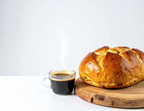 Coffee cup sweet bread wooden board breakfast food on white background