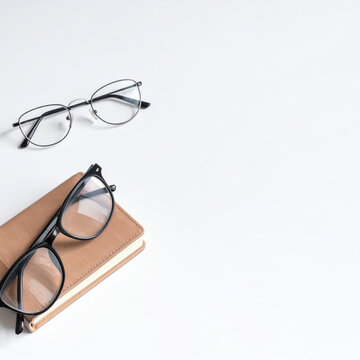 Eyeglasses and reading glasses on leather notebook against white background, creating clean workspace concept with copy space for vision care