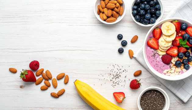 Healthy breakfast bowl with banana berry strawberry almond blueberry chia seed and yogurt on white wooden table creating fresh nutritious meal scene