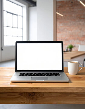 Laptop computer, blank screen, wooden desk, coffee cup, modern office, natural light
