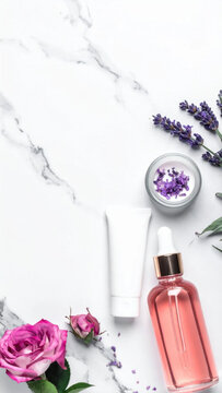 Lavender skincare product, rose flower, and pink serum bottle on white marble background
