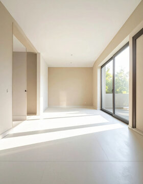 Modern empty interior with beige wall and large glass window, bright sunlight casting shadows across clean white floor, creating open calm residential space