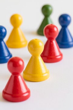 Colorful board game pawns with a yellow piece in focus, symbolizing strategy, leadership, competition and decision making