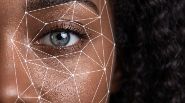 Biometric face scanner identity eye security technology network. Futuristic digital facial recognition system. identification verification id access, security protection