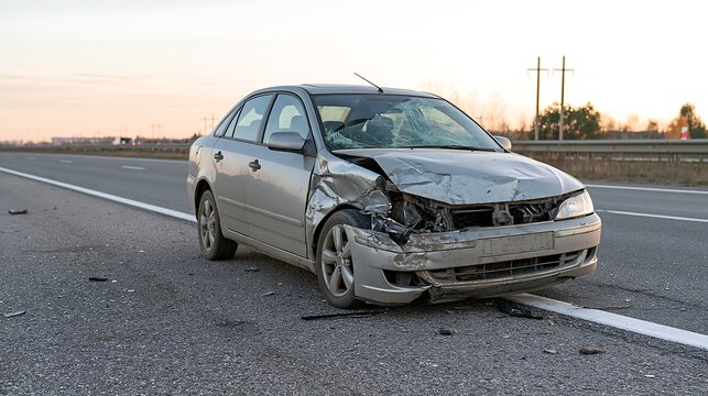 A silver sedan severely damaged in a front-end collision parked on the side of a highway. Ideal for automotive insurance claims and road safety campaigns.