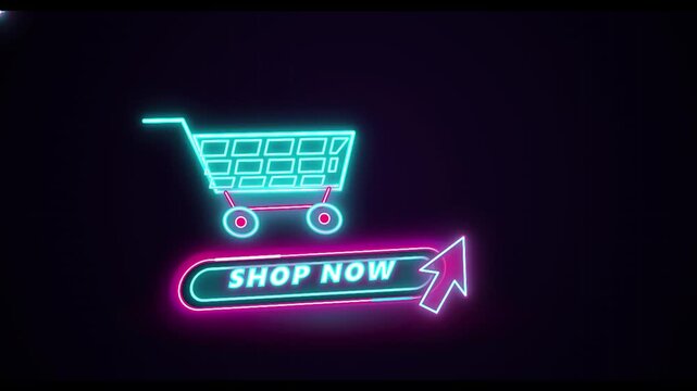 Neon shopping cart icon and shop now button ecommerce animation