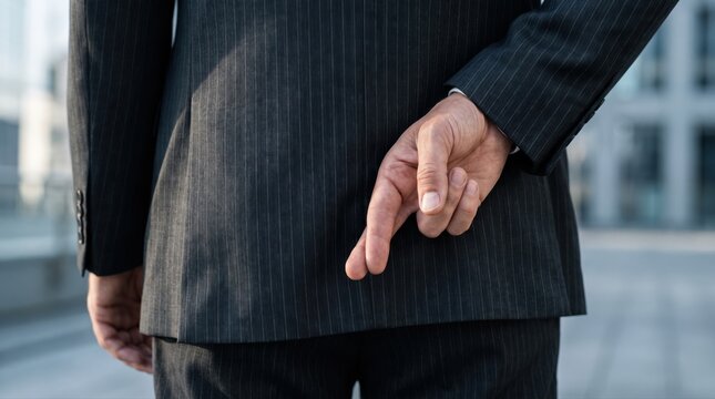 A businessman stands with crossed fingers hidden behind his back. This gesture symbolizes dishonesty and lack of integrity in business deals and corporate governance.