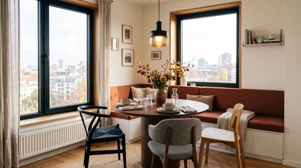 Fototapeta premium Modern apartment dining nook features a built-in bench and round wooden table. This functional, stylish space promotes comfortable urban living with a scenic city view.