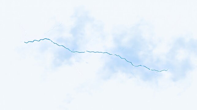 Minimalist blue lightning bolt flashing horizontally across soft white clouds. Ideal for atmospheric weather concepts and energy science designs.