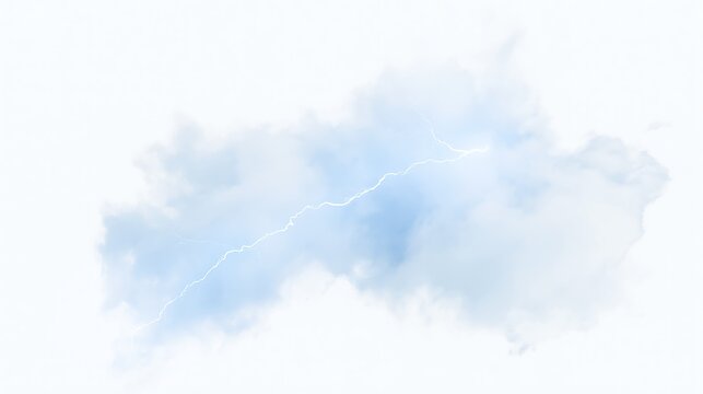 Minimalist blue lightning flash striking through soft white clouds in a bright sky. Ideal for meteorological concepts and energy design.