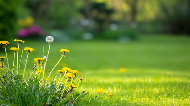 Border of a well‑tended lawn sprouting vivid yellow dandelions and native wild blossoms