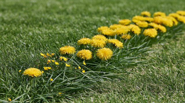 Border of a well‑tended lawn sprouting vivid yellow dandelions and native wild blossoms