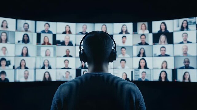 Man wearing headphones participates in a large digital virtual video conference meeting while looking at many participant faces displayed on a big curved monitor screen