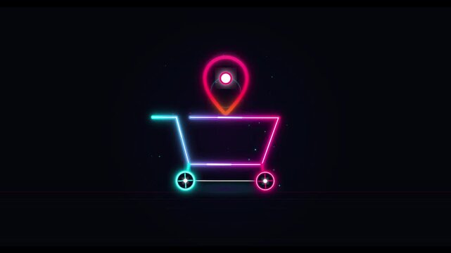 Glowing shopping cart icon with location pin in neon light style