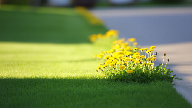 Border of a well‑tended lawn sprouting vivid yellow dandelions and native wild blossoms
