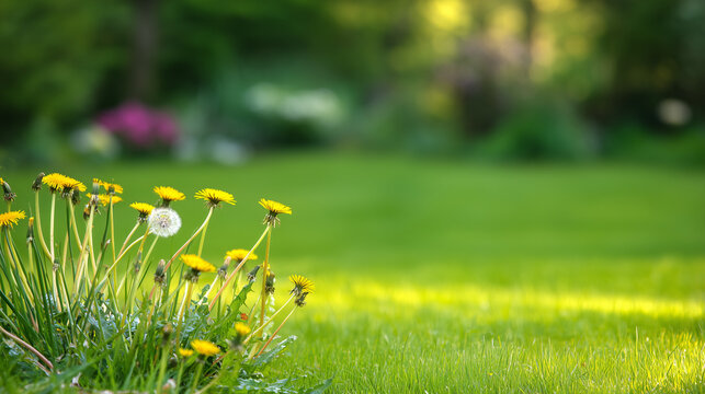Border of a well‑tended lawn sprouting vivid yellow dandelions and native wild blossoms