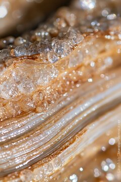 Extreme macro of translucent mineral crystals with sparkling bubbles, warm golden tones and dreamy bokeh