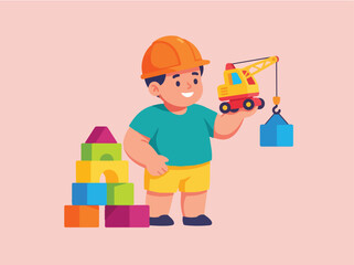 Naklejka premium Boy playing with construction toy crane