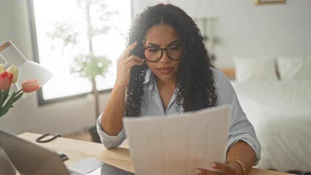 Woman reading a document at a desk in a studio with a raised hand and puzzled frown; remote work frustration.