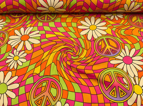 Groovy multicolored fabric design with daisies and neon peace symbols suitable for textile prints, fashion accessories, and product packaging.