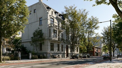 Naklejka premium Classic European apartment building on a quiet tree-lined city street with parked cars. Ideal for real estate marketing and urban planning concepts.