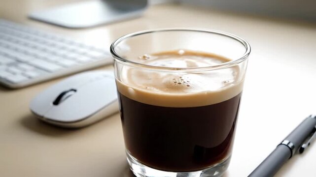 Fresh espresso coffee in a glass cup on an office desk with keyboard and mouse in the background.
