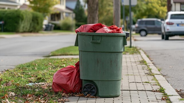 A green wheelie bin filled with bright red garbage bags sitting on a suburban sidewalk for trash collection day. Ideal for environmental sanitation and waste management concepts.