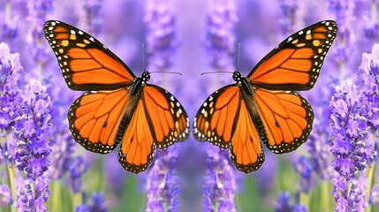 Obraz premium Two monarch butterflies soaring in harmony amid purple lavender blossoms, their wings beating in sync