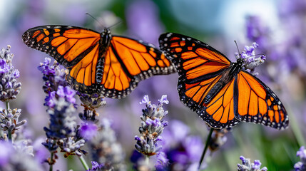 Obraz premium Two monarch butterflies soaring in harmony amid purple lavender blossoms, their wings beating in sync