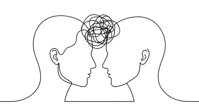 Mental health conceptual line art showing human brains with messy thoughts