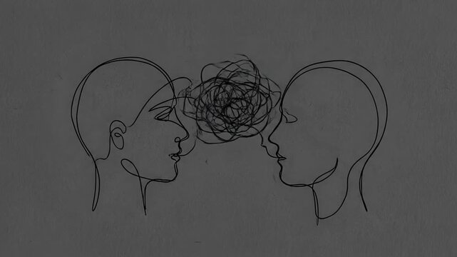 Minimalist line art animation depicting two heads with a tangled messy thought