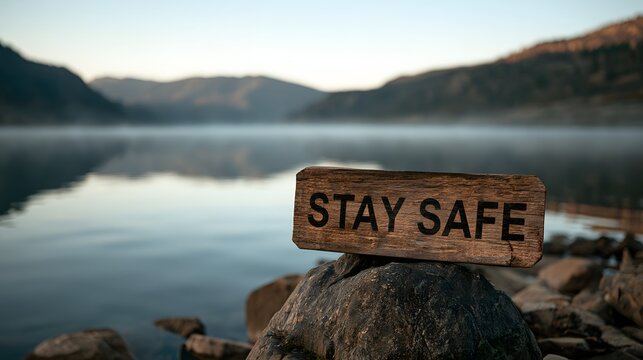 Stay safe wooden sign on rocks beside calm mountain lake.