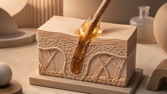 Matte skin cross section block showing hair follicle absorbing amber liquid. Concept of dermatological serum treatment, and cosmetic product formulation.