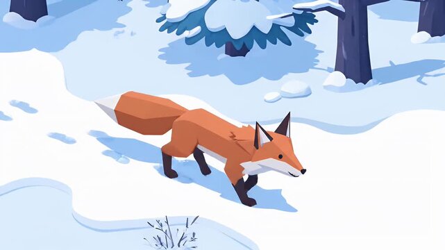 Isometric red fox walking through a snowy winter forest landscape with pine trees and animal tracks in low poly vector style